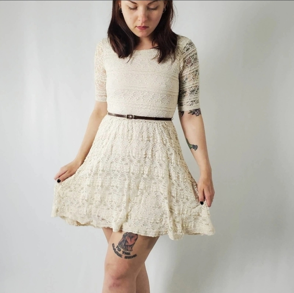 Lace creme belted dress